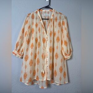 Orange Graphic Blouse‎ with 3/4 Sleeves and Tie Front